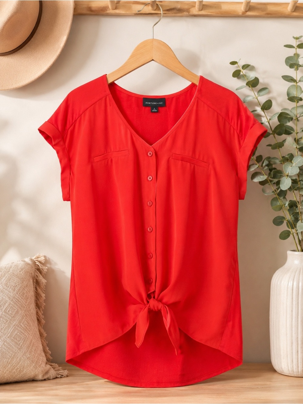 A Fortune + Ivy Lucy Mixed Material Tie Front Blouse Red Large L